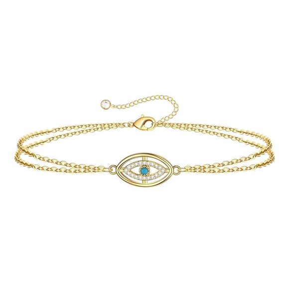 18K Gold Plated Women's Evil Eye Bracelet with Center Faux Stone Waterproof - Picture 1 of 11